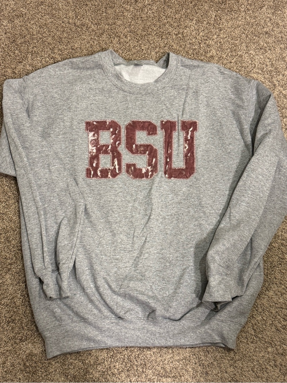 Gildan Gray Crewneck Sweatshirt with Velvet Dark Pastel Pink 'BSU' Ball State